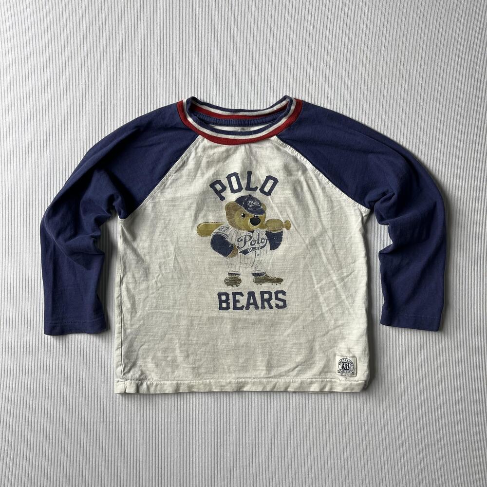 Polo Ralph Lauren Shirt Boys 3T White Polo Bear Baseball Graphic Long Sleeve Tee